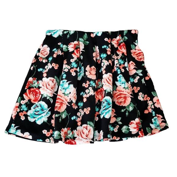 Pleated Floral Mini Skirt Joe Benbasset Junior M Stretch Black Whimsy Goth Roses - Picture 1 of 7
